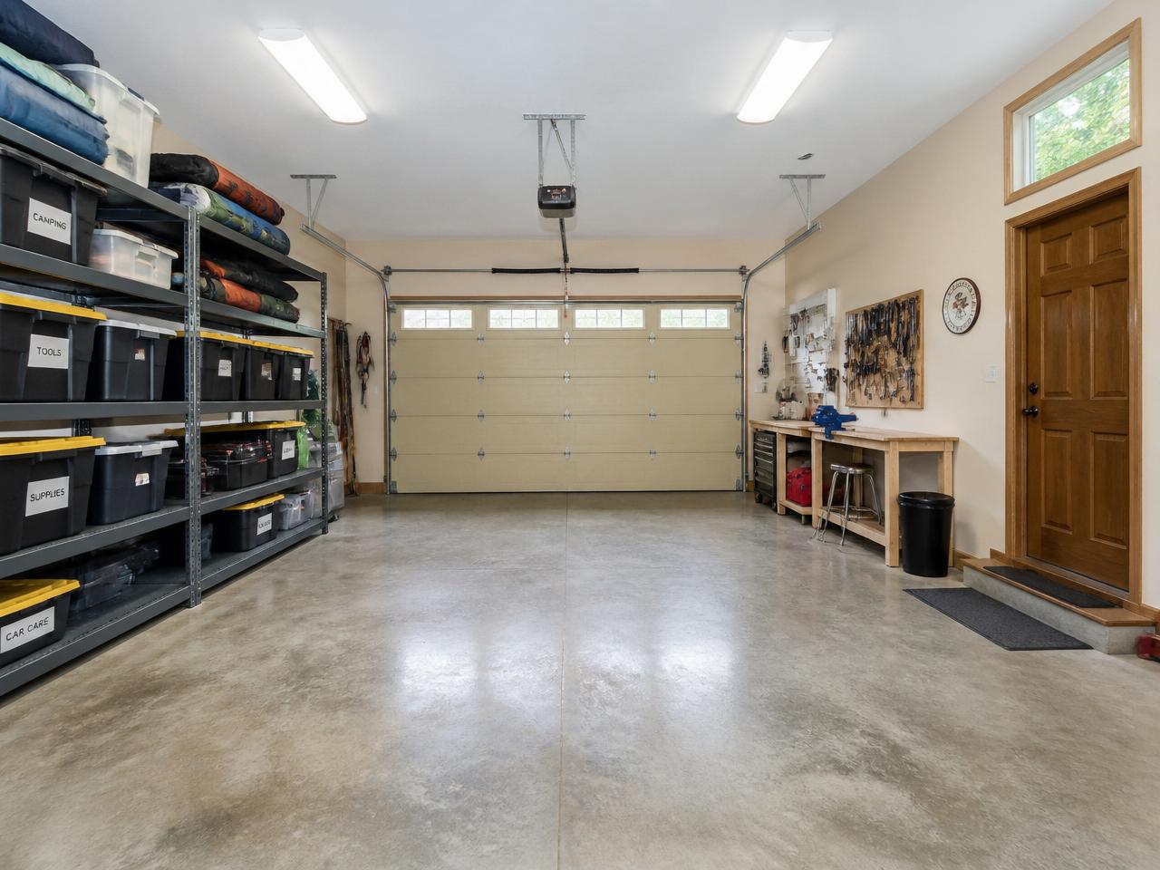 Same two-car garage cleaned and organized with labeled bins, pegboard, and hung bikes