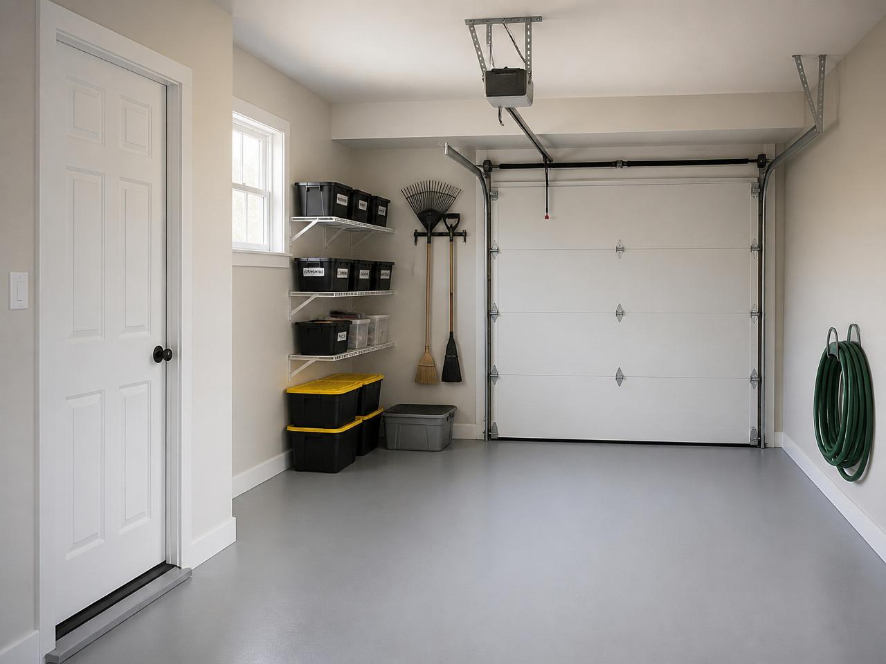 Same single-car garage cleaned with coiled hoses, tidy shelving, and open floor space