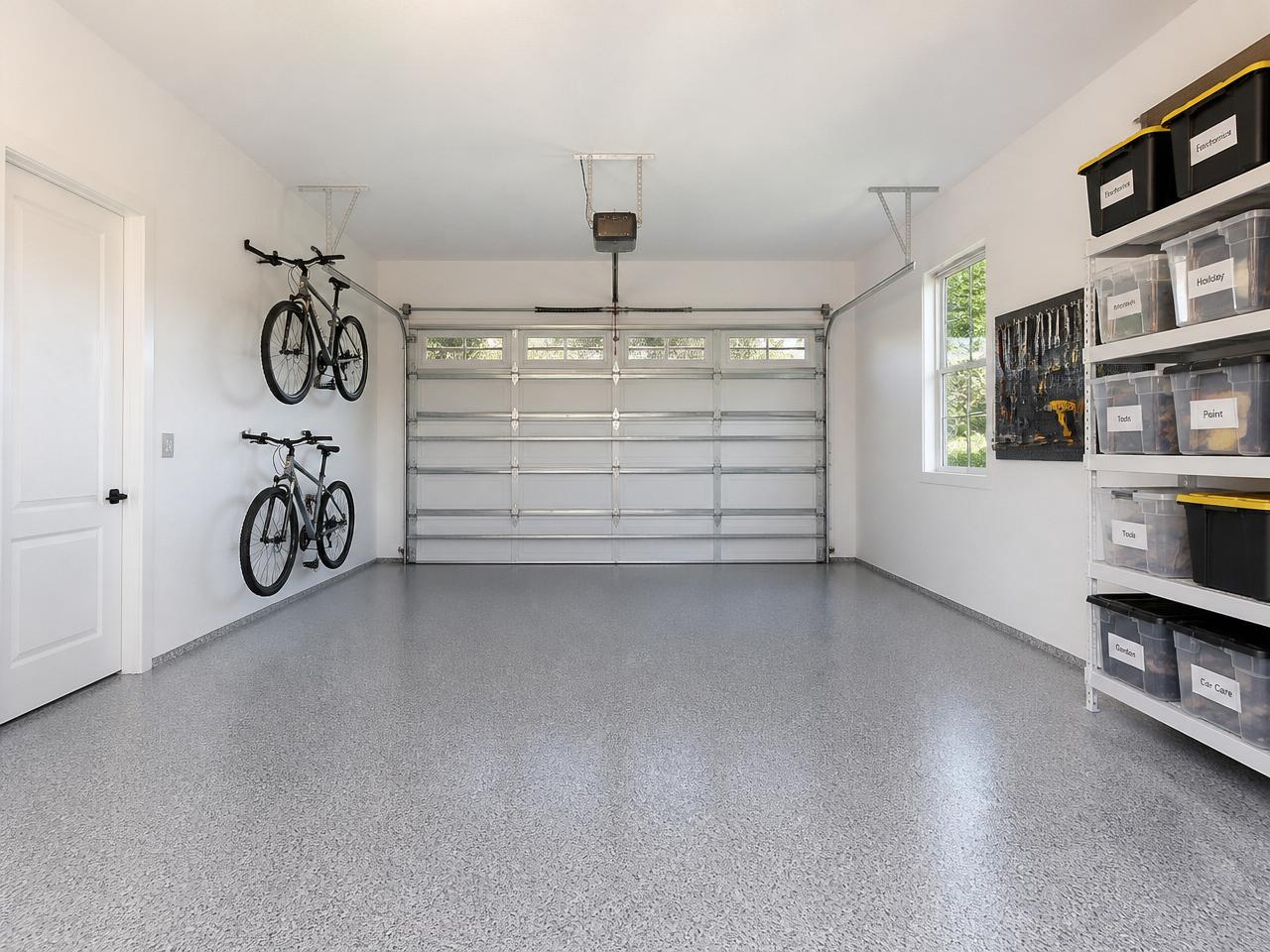 Organized two-car garage in Naples with labeled bins and hung bicycles after cleanout