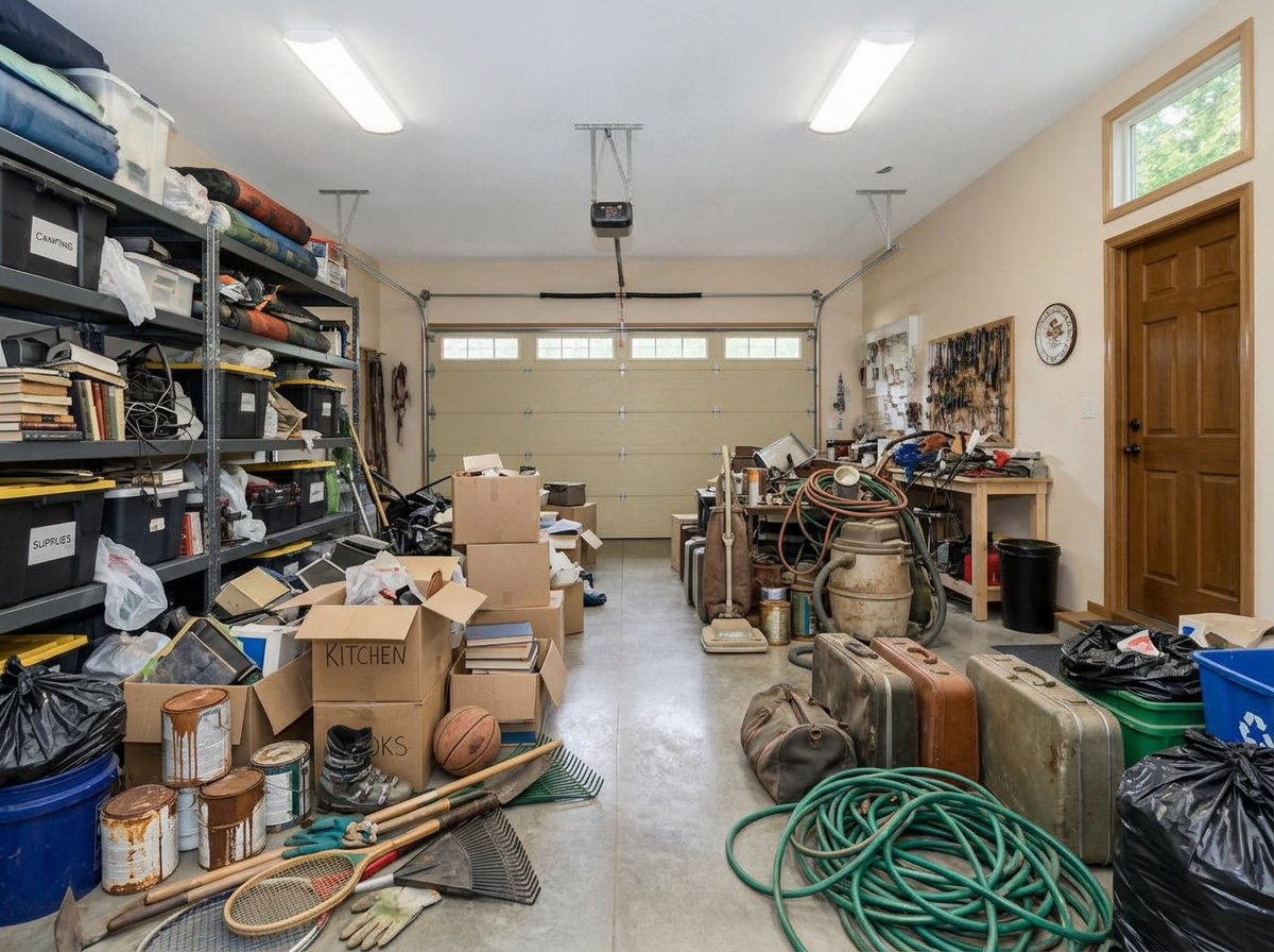 Two-car garage packed with boxes, bikes, and clutter before cleanout