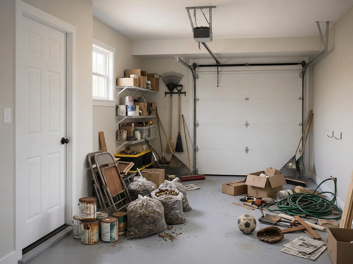 Single-car garage full of old paint cans, broken chairs, and hoses before cleanout