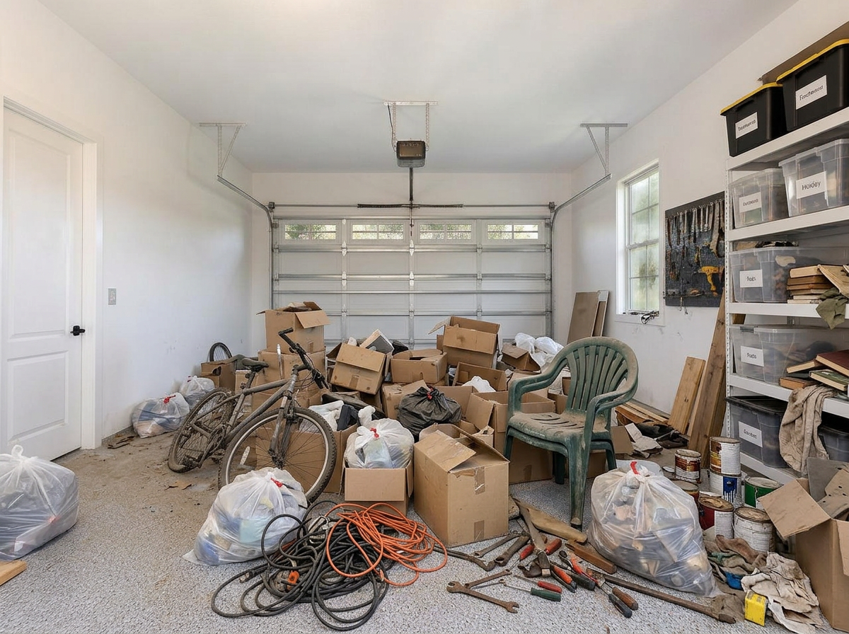 Cluttered two-car residential garage in Naples before cleanout