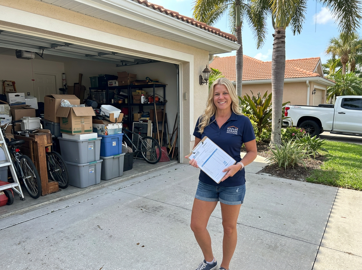 Clutter Busters owner arriving at a Naples home for a free garage cleanout estimate, clipboard in hand, palm trees and open cluttered garage behind her